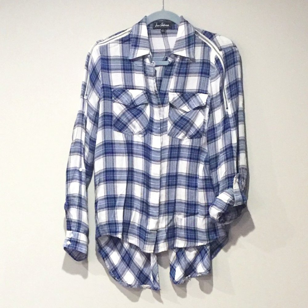 Sam Edelman Blue Plaid Cold-Shoulder Button-Down